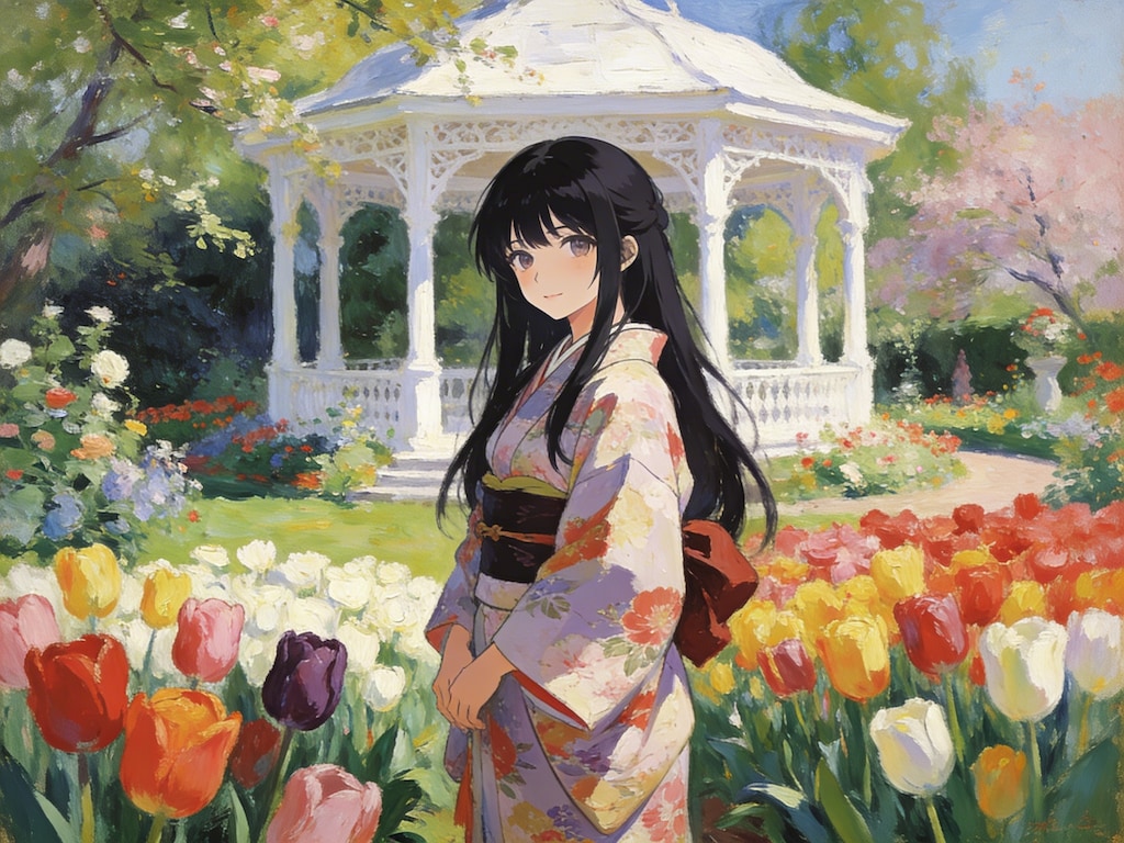 和服美人と鬱金香