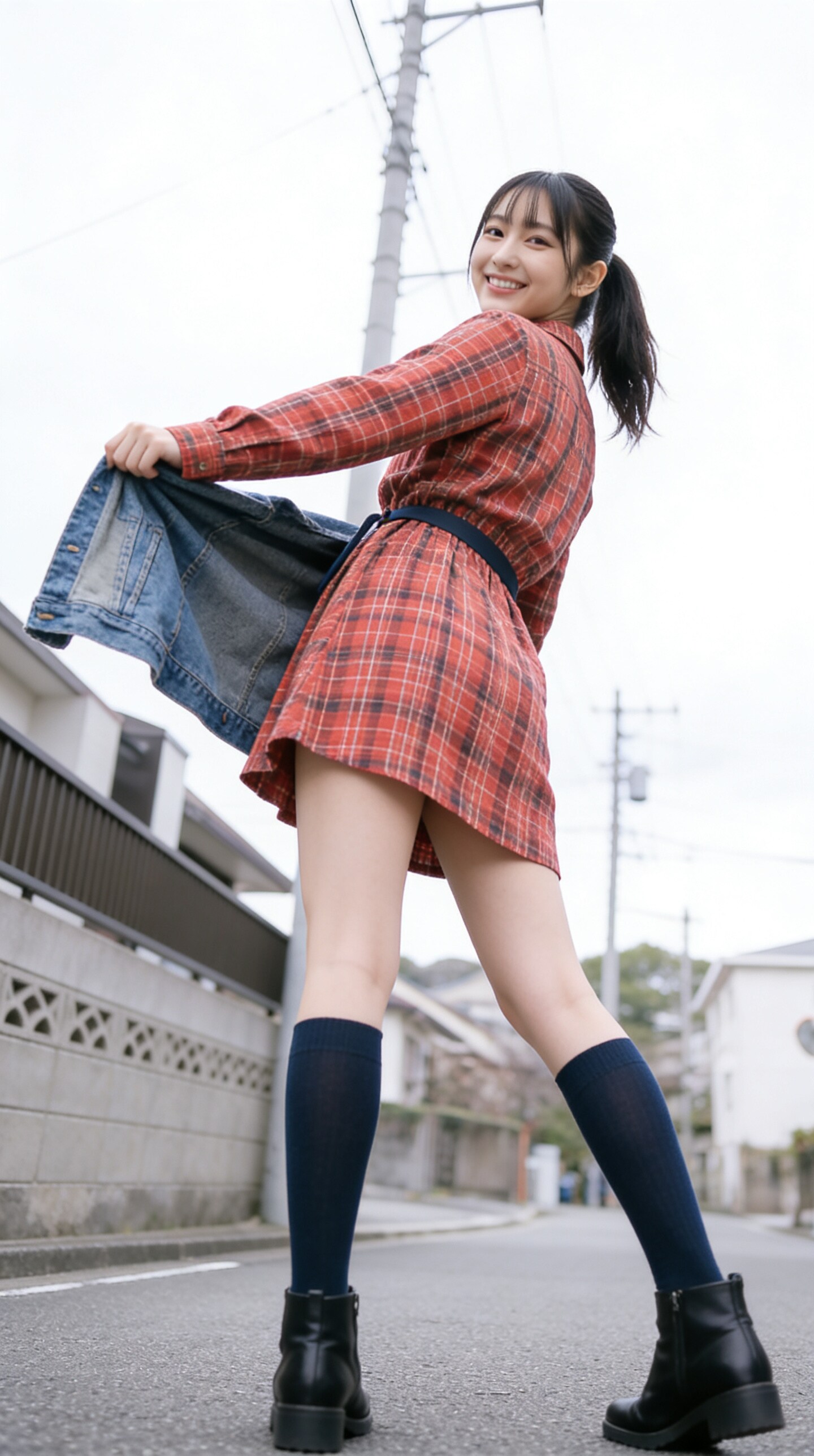 赤チェックワンピと見上げる空
