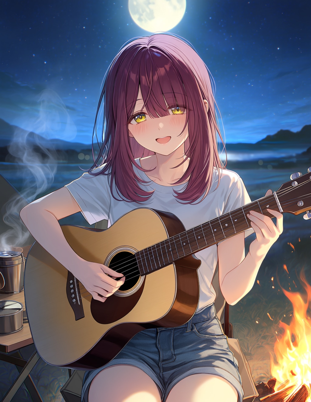キャンプ場でギターを弾く綾乃(PixAI版)