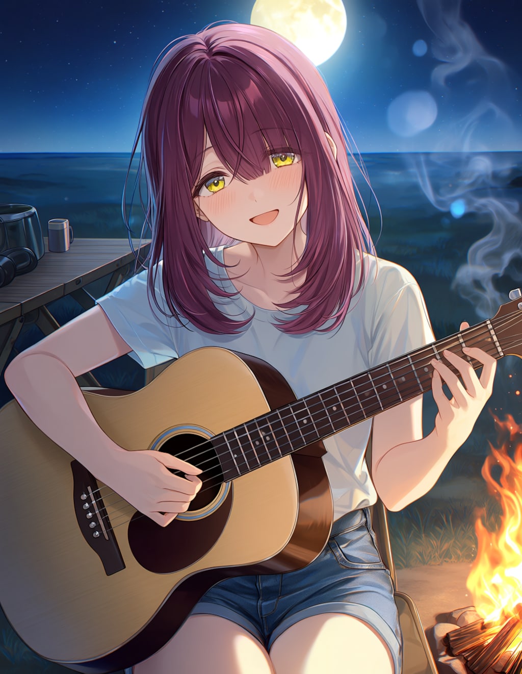 キャンプ場でギターを弾く綾乃(PixAI版)