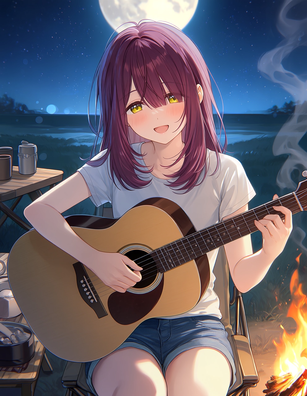 キャンプ場でギターを弾く綾乃(PixAI版)