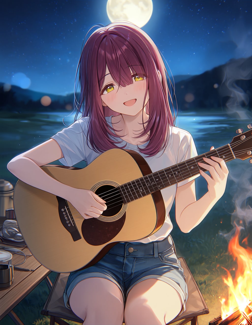 キャンプ場でギターを弾く綾乃(PixAI版)