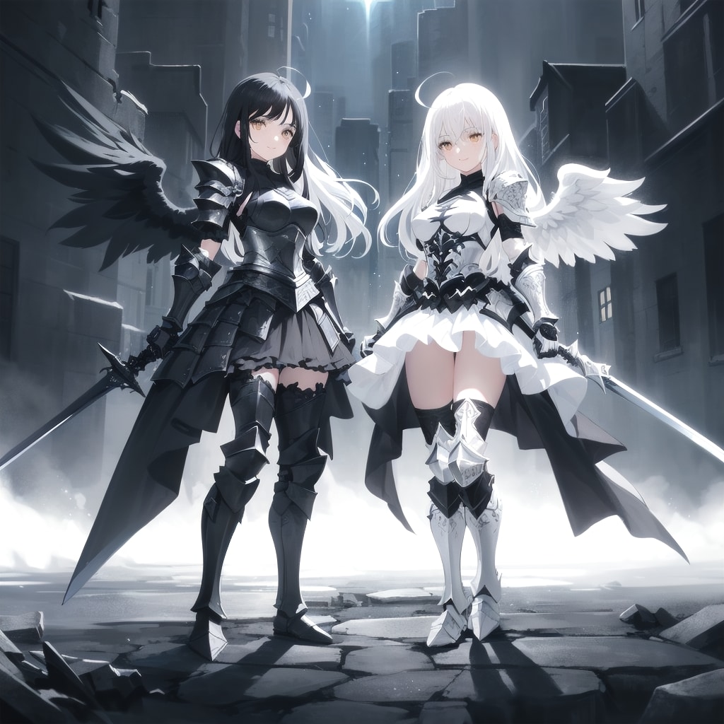 廃墟に降り立つ堕天使と天使 | の人気AIイラスト・グラビア