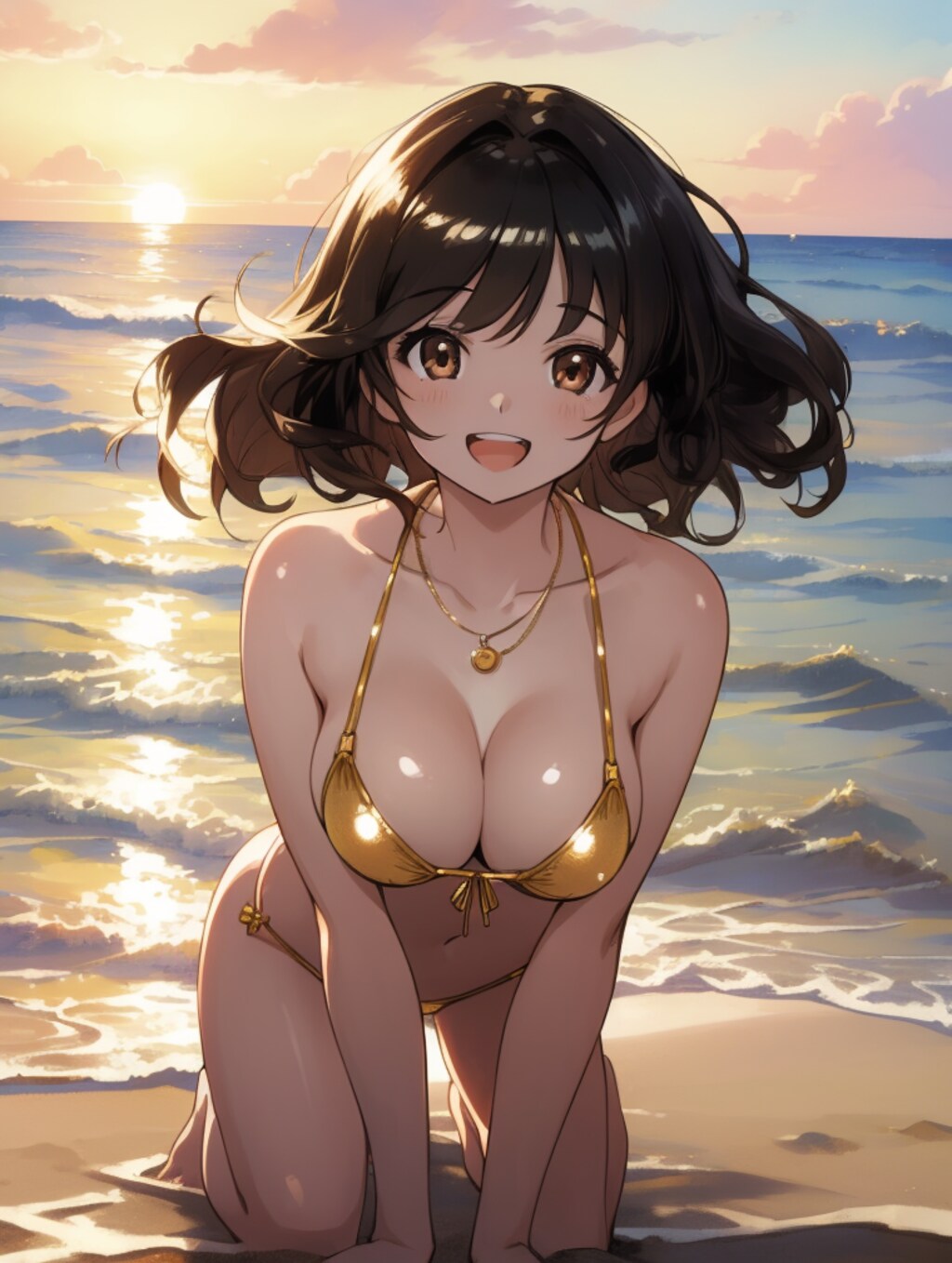 ゴールドビキニ×ビーチ×夕日