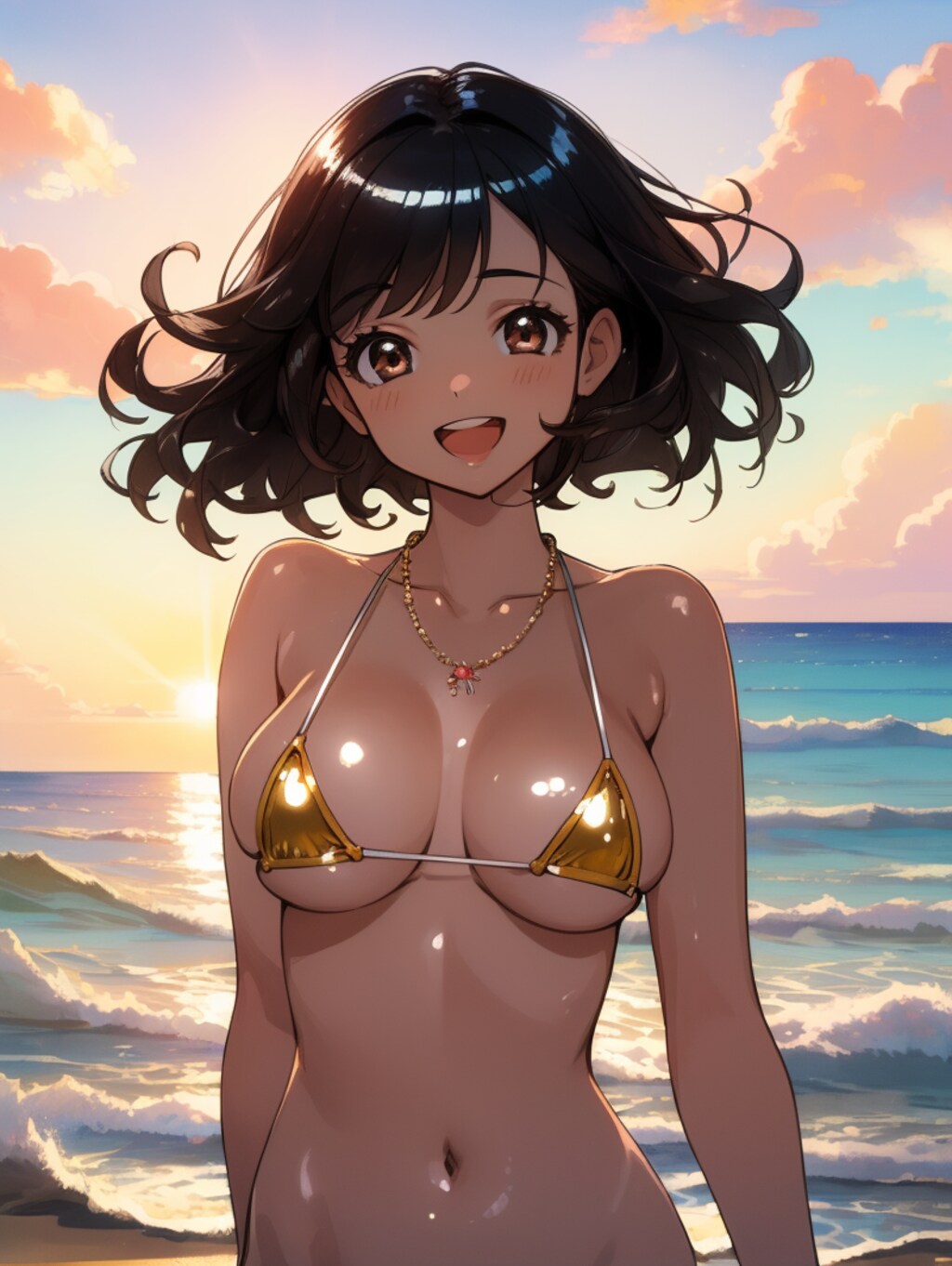 ゴールドビキニ×ビーチ×夕日
