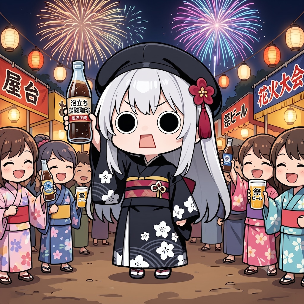 夏祭り花火大会で炭酸珈琲で乾杯するえらいこっちゃ嬢