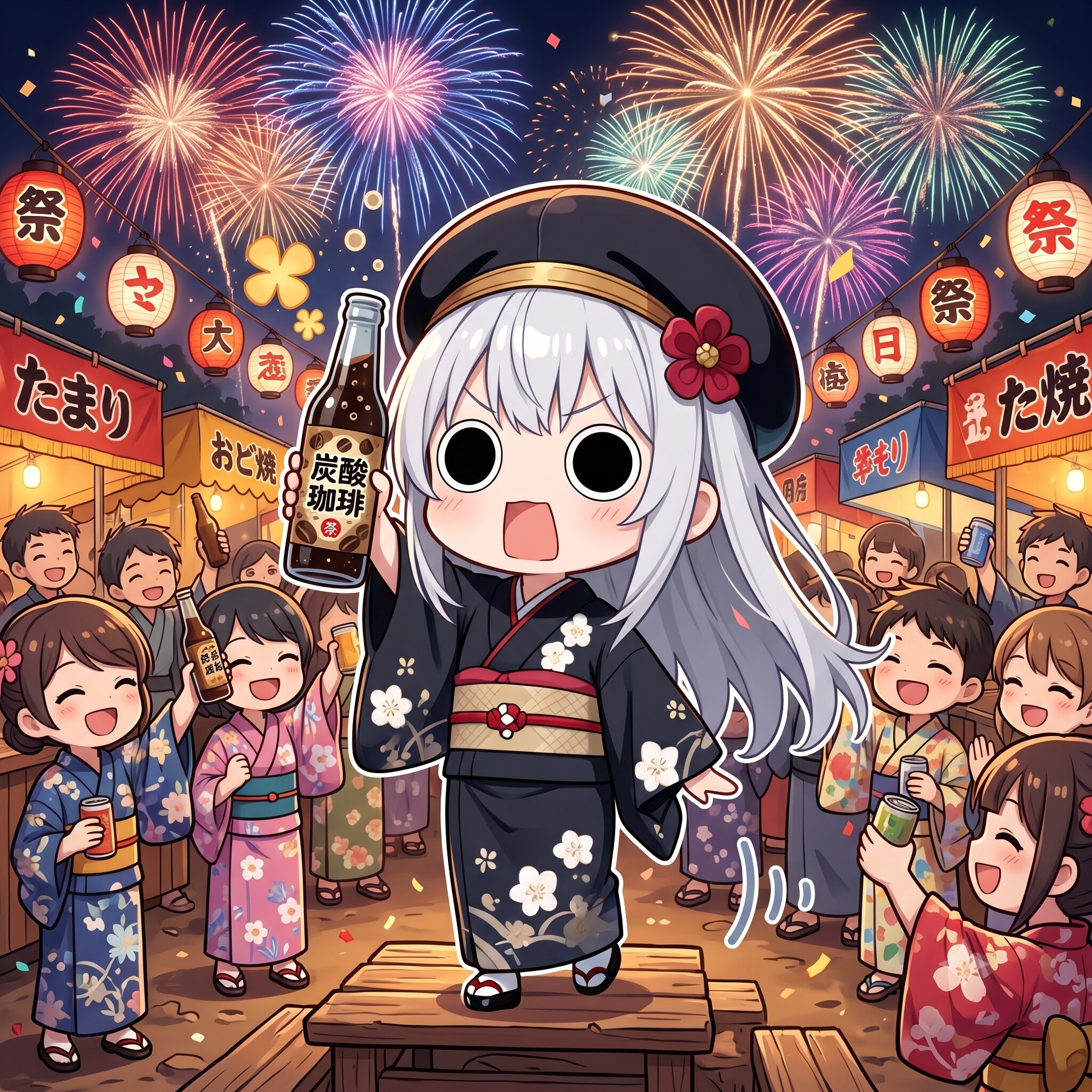 夏祭り花火大会で炭酸珈琲で乾杯するえらいこっちゃ嬢