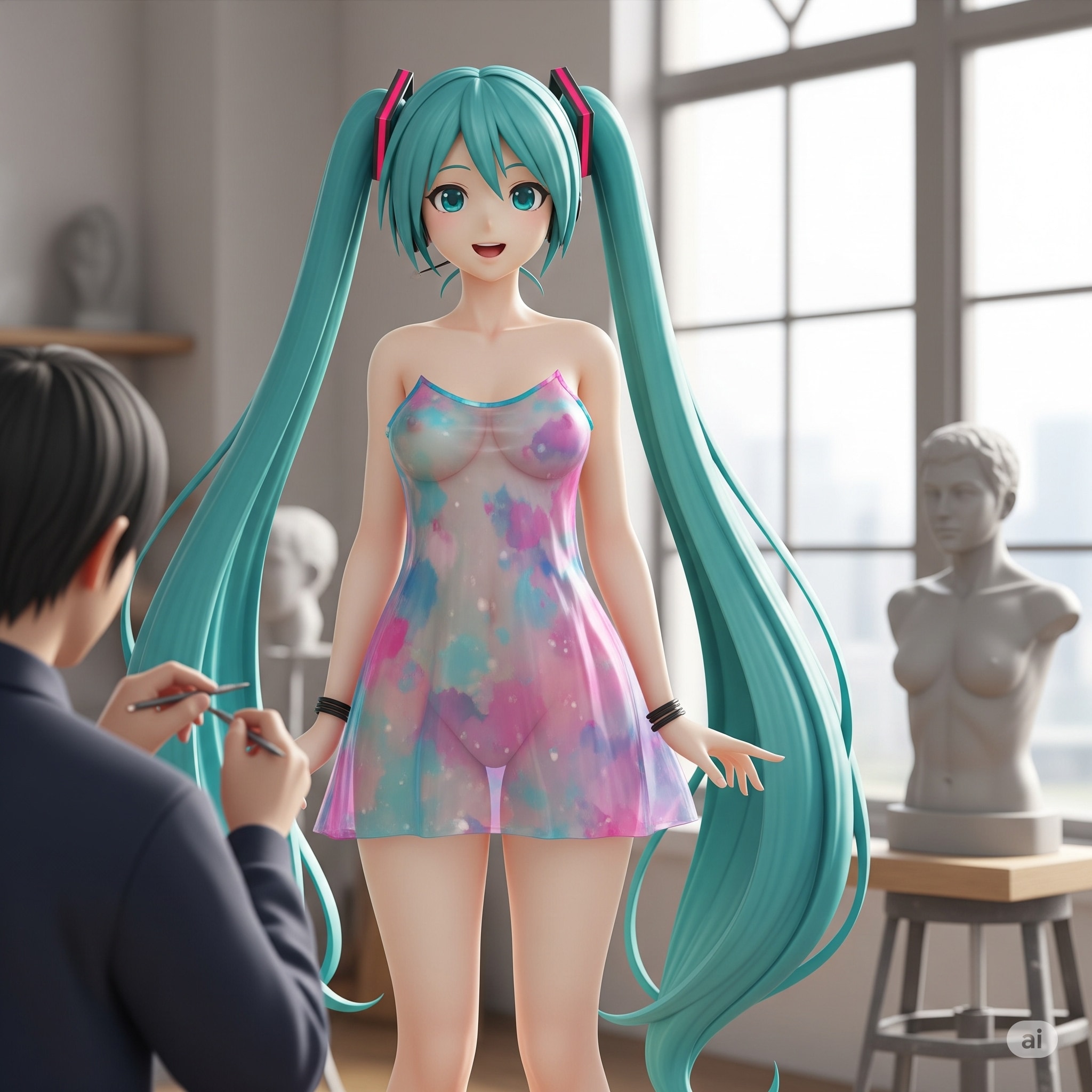 彫刻家のモデルをするミクさん