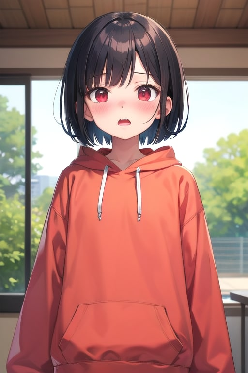 赤くなった顔で恥ずかしそうな、赤いパーカーの少年2 | の人気AIイラスト・グラビア