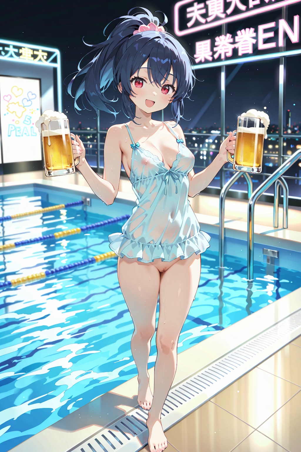 ナイトプールで撮影会 透け透けランジェリー with ビールジョッキ YB20