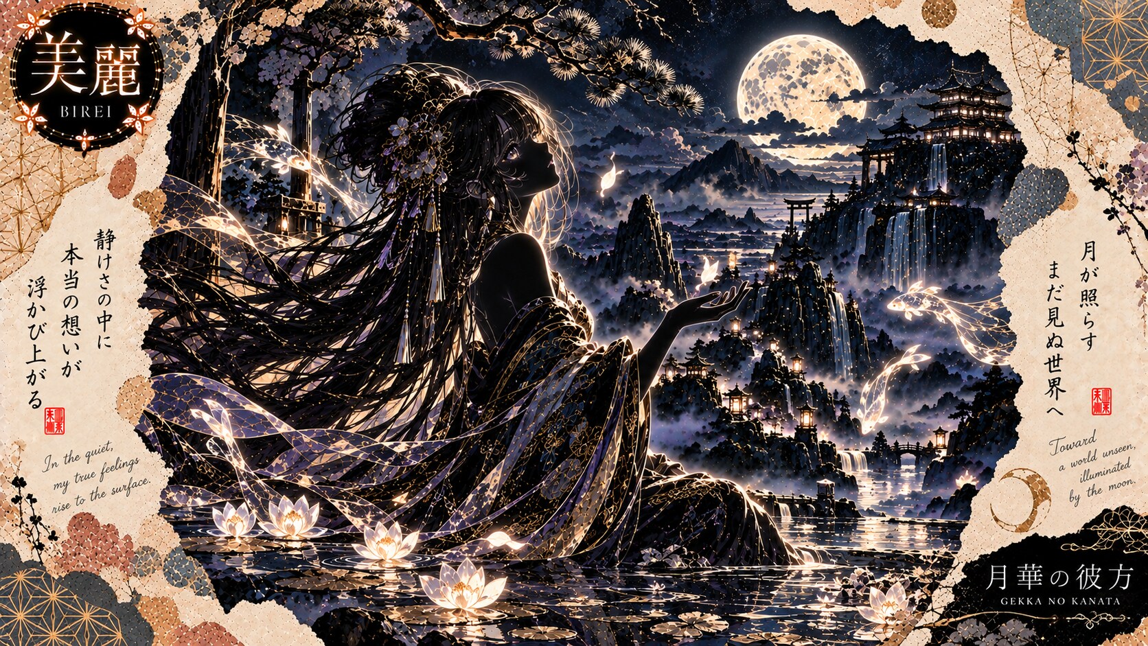 Glowing koi drifting through the night, a hand reaching gently toward the light.  In the quiet, my t | の人気AIイラスト・グラビア