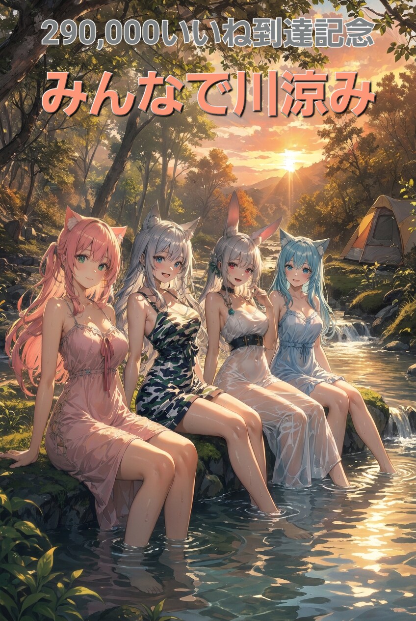 ㊗️290,000いいね到達記念🎉🎊「みんなで川涼み」🐱🐰🐺🐱✨