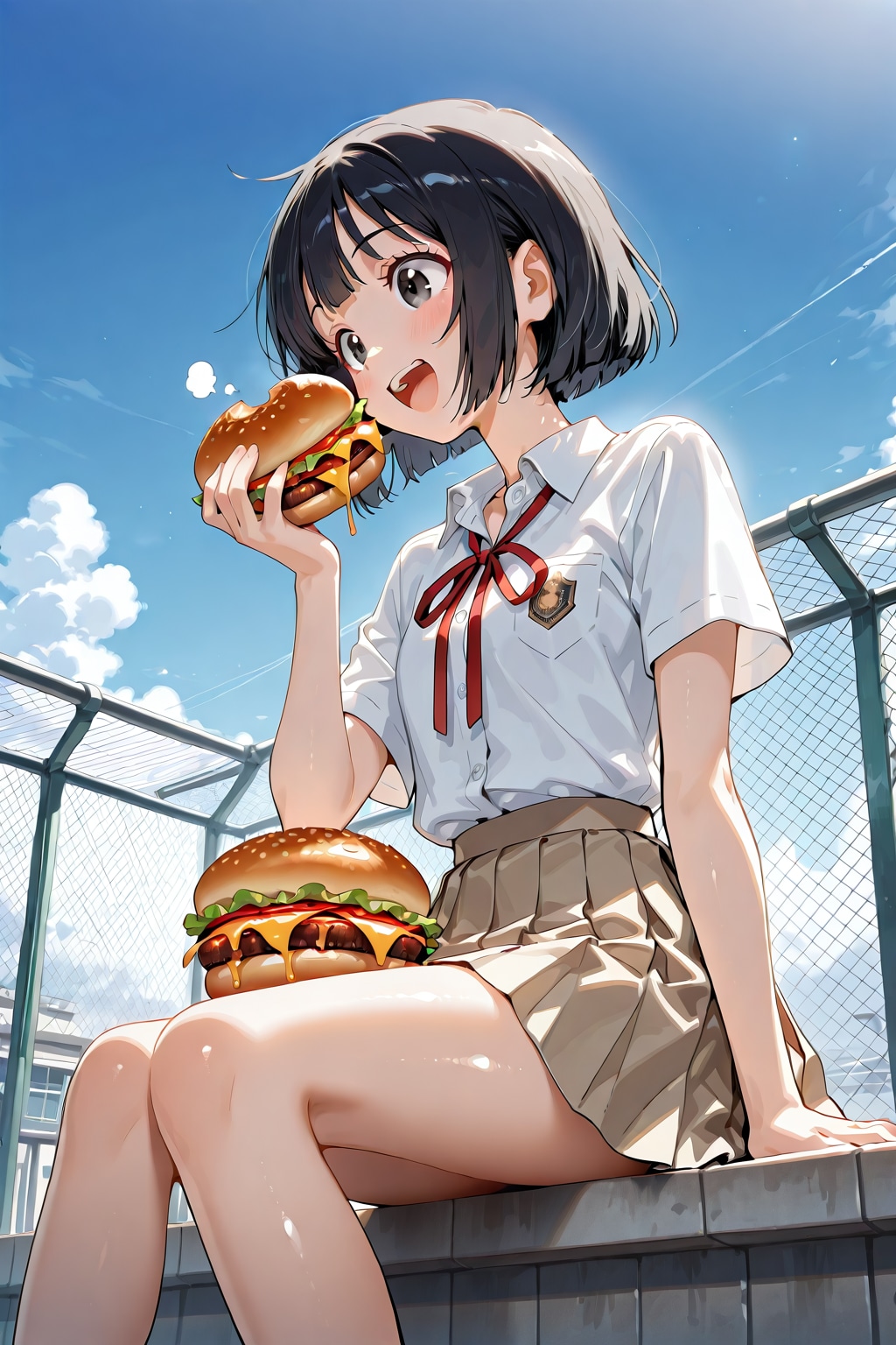 お昼は屋上でハンバーガー
