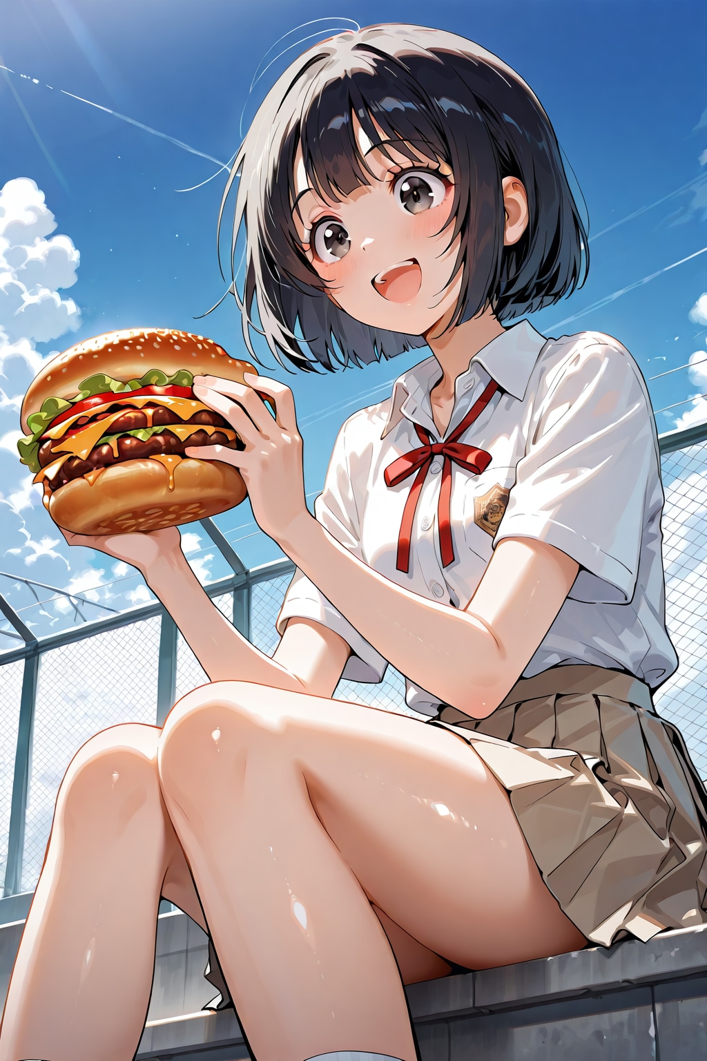 お昼は屋上でハンバーガー