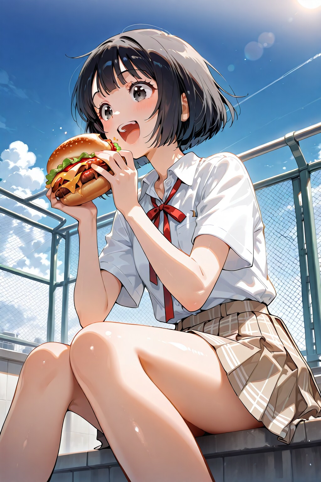 お昼は屋上でハンバーガー