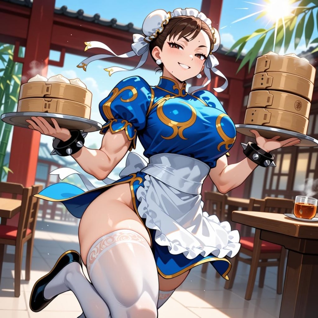 お団子ヘアー中国メイドカフェコスプレ人妻