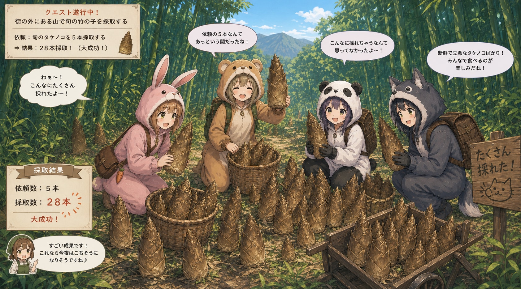 【All0510c】「街の外にある山で旬の竹の子を採取する」を行い、依頼以上にたくさん採れた。（ChatGPT） | の人気AIイラスト・グラビア