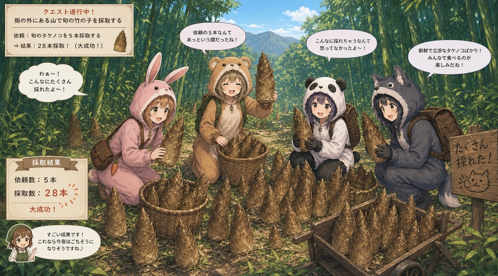 【All0510c】「街の外にある山で旬の竹の子を採取する」を行い、依頼以上にたくさん採れた。（ChatGPT）