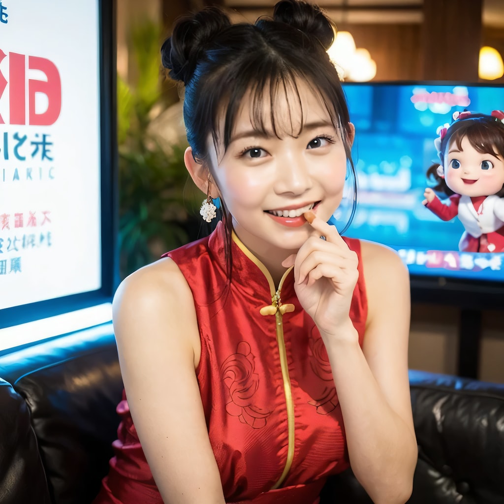 黒髪ツイン団子で中華服の美女６