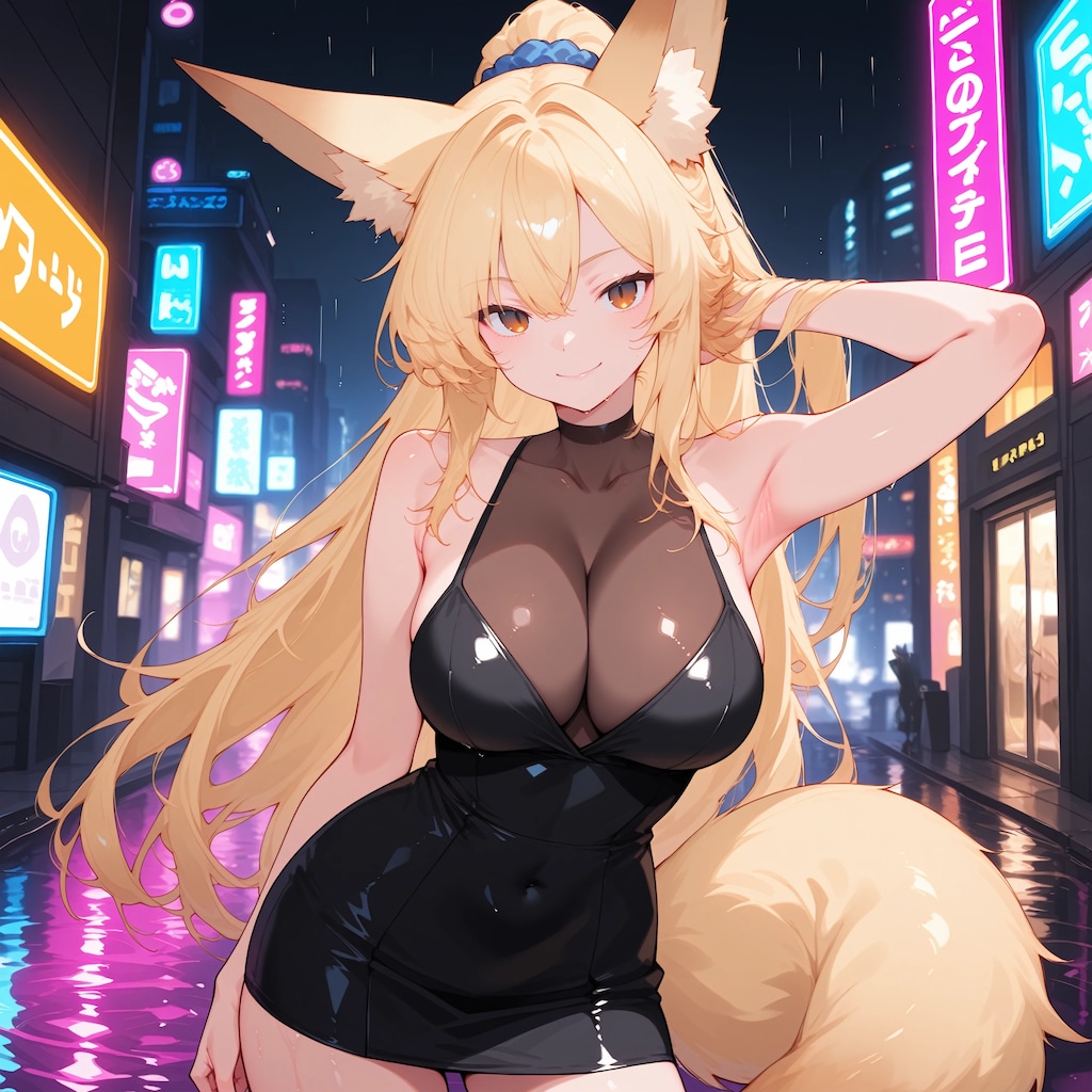 雨降る夜のネオン街で　狐娘さん