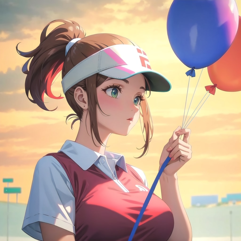色とりどりの風船を持つブラウンポニーテールのゴルフウェア着た美女