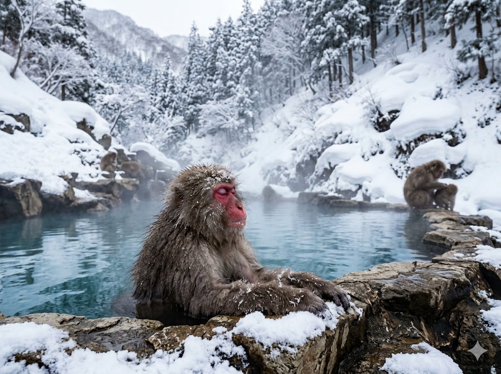 温泉に入るニホンザル
