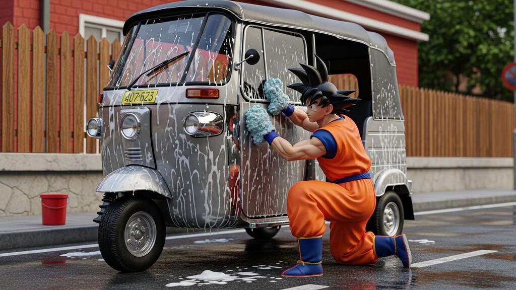 孫悟空がオート三輪を洗う