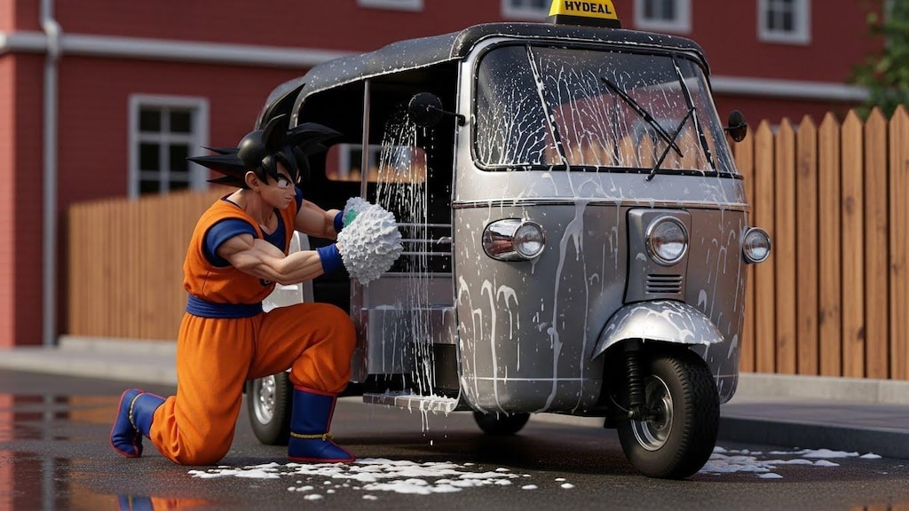 孫悟空がオート三輪を洗う