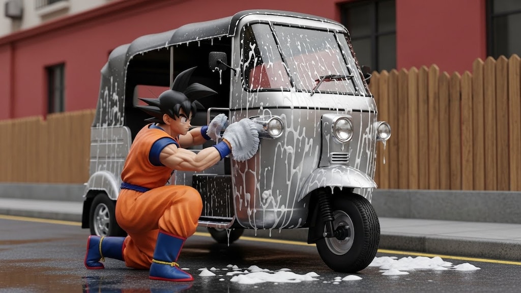 孫悟空がオート三輪を洗う
