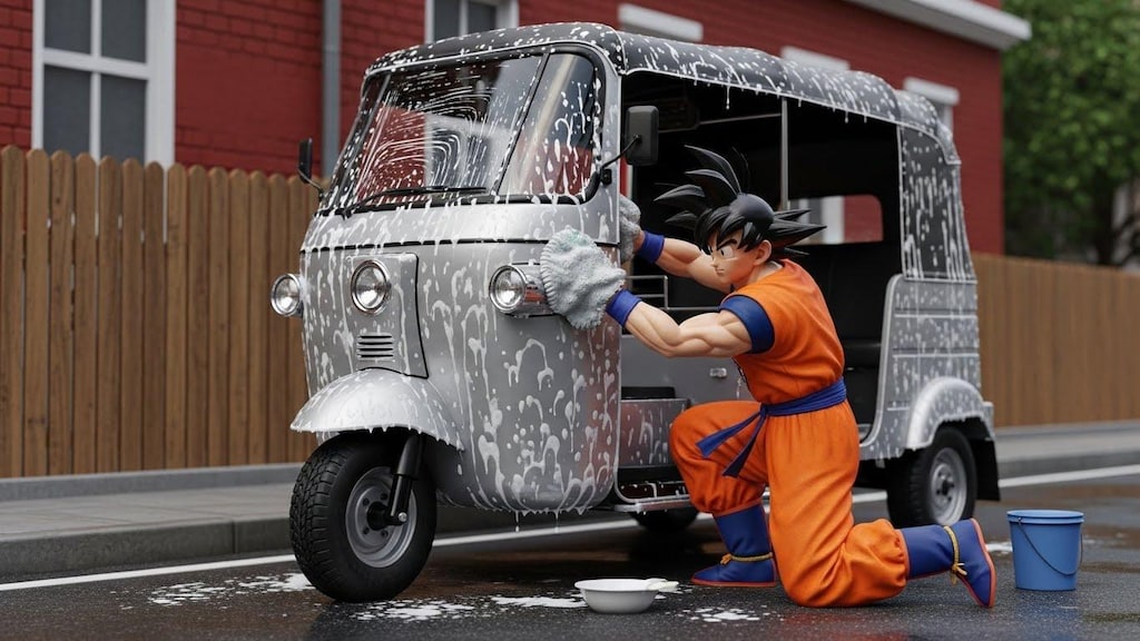 孫悟空がオート三輪を洗う