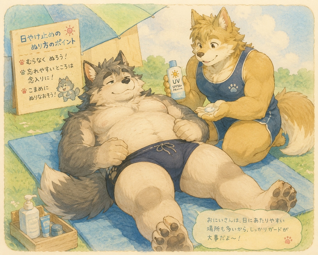 オイルを塗ってもらうオスケモさん