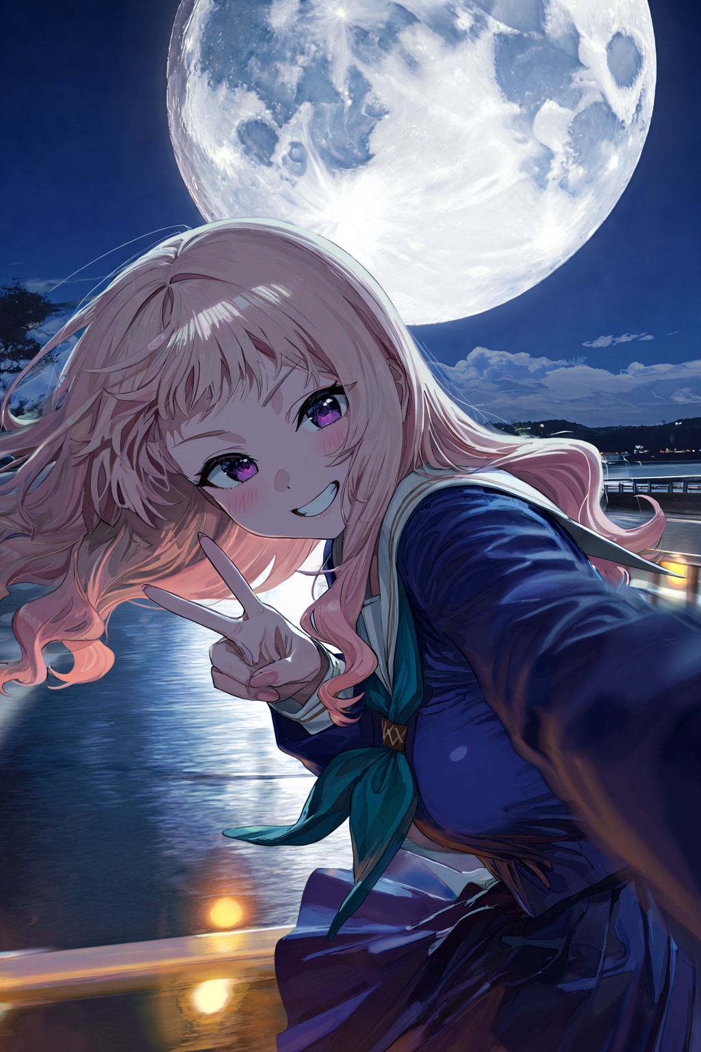 月をバックに、はっぴーピース✌️✨ | の人気AIイラスト・グラビア