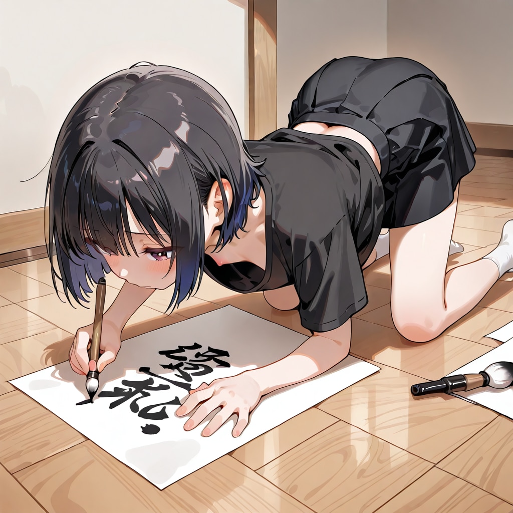 夢中で書道の練習をする女の子