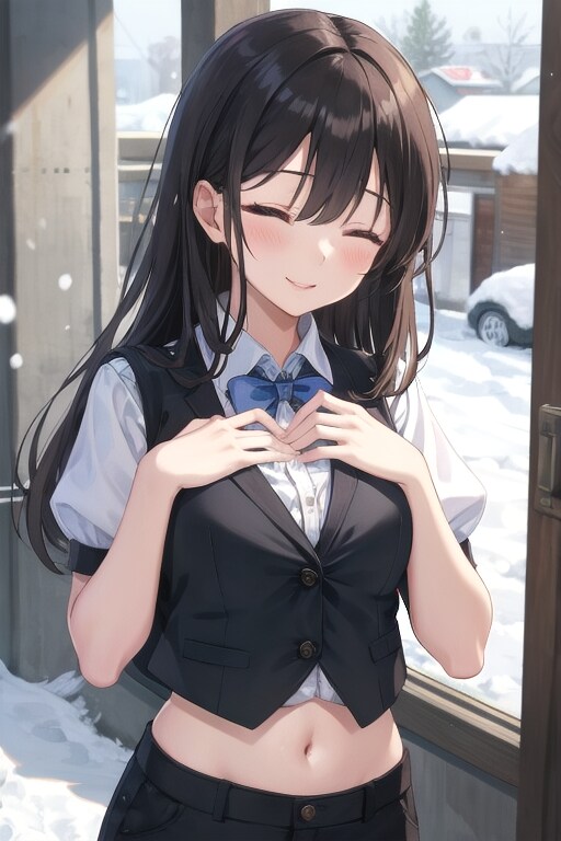 かっこかわいいパフ袖好きのタキシード美少女のロマンティックな雪見