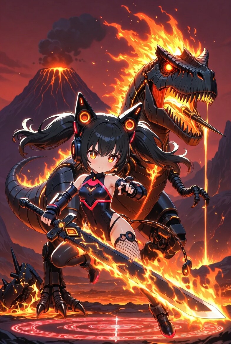 黒ツイにゃんVS溶岩ティラノ