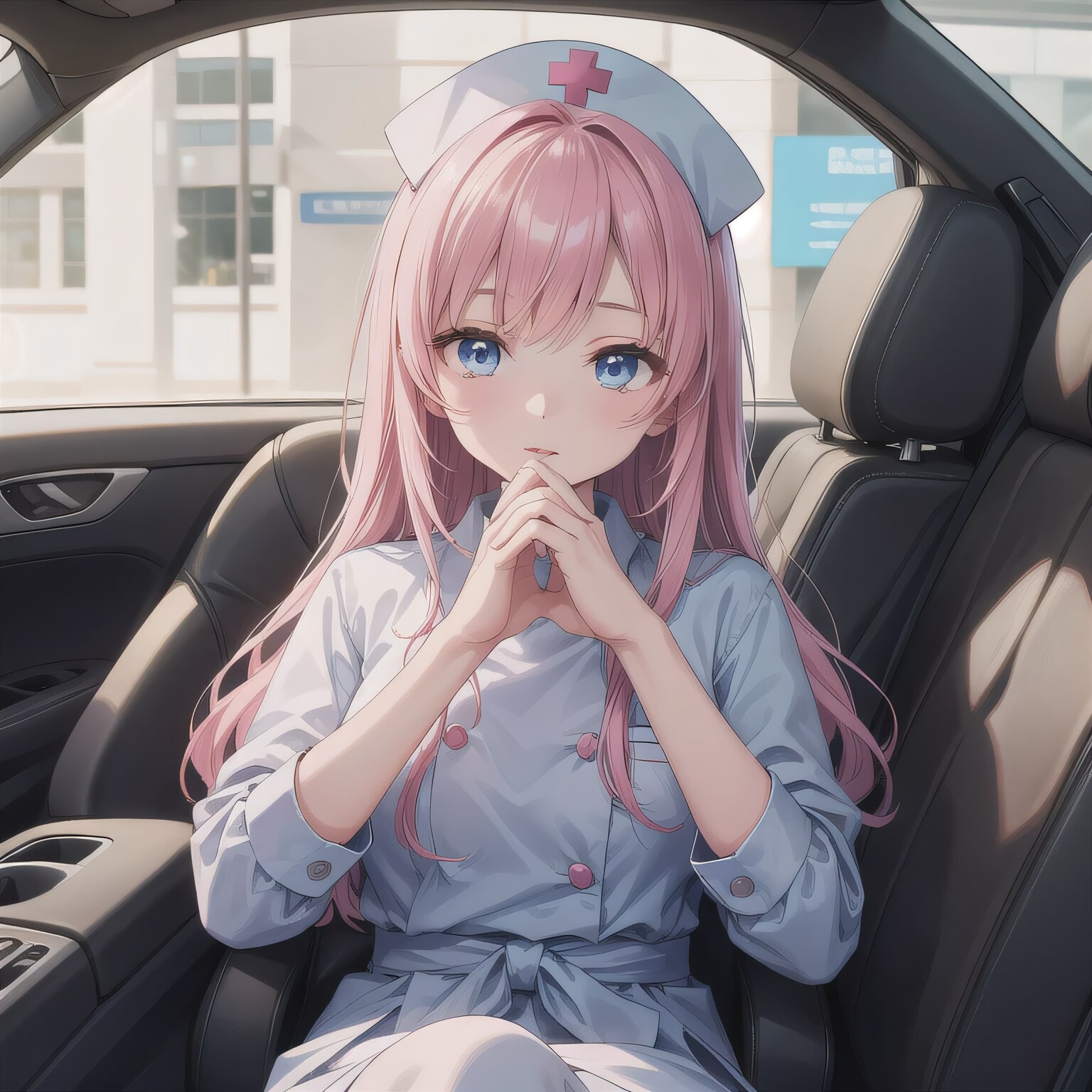 ピンク髪ロングで車内の少女 | の人気AIイラスト・グラビア