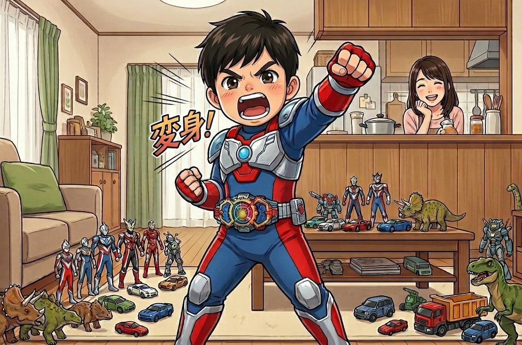ヒーローごっこを見守るママ