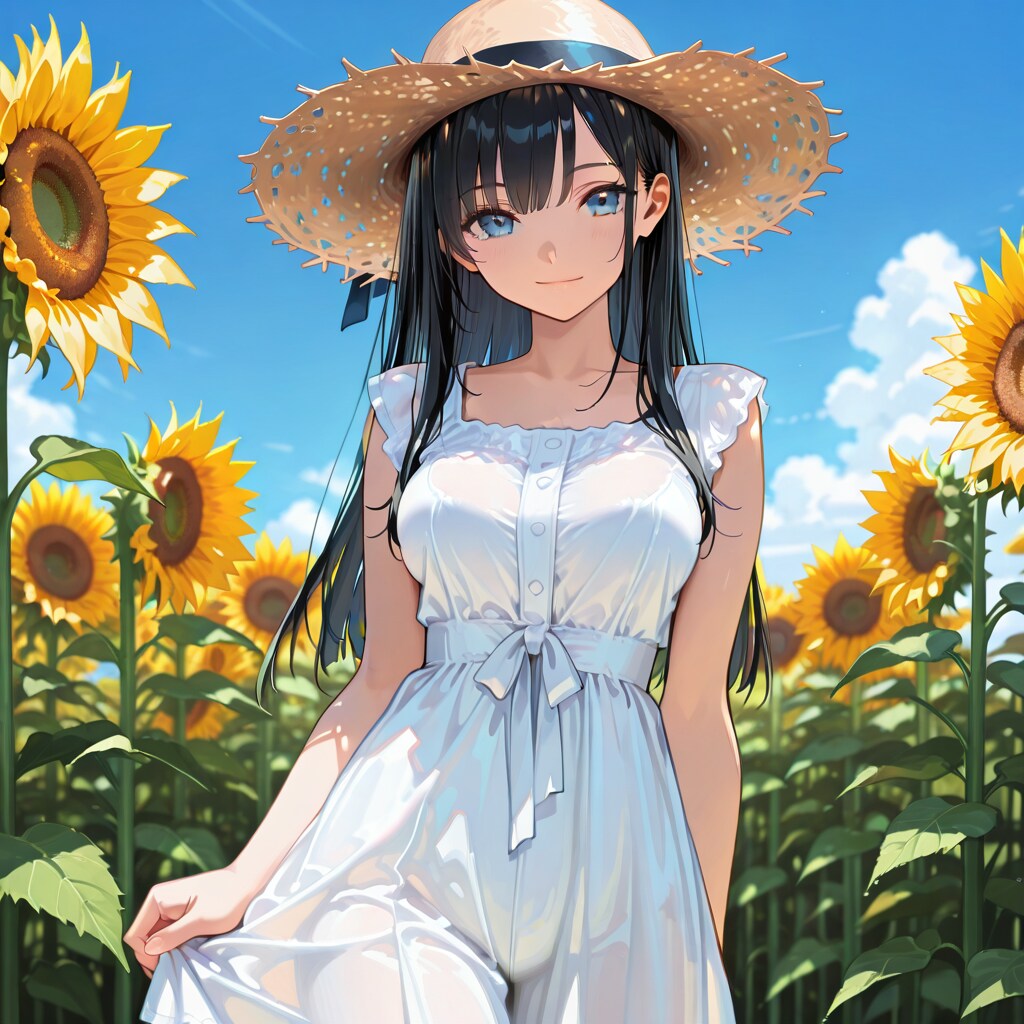 白ワンピースとひまわり畑