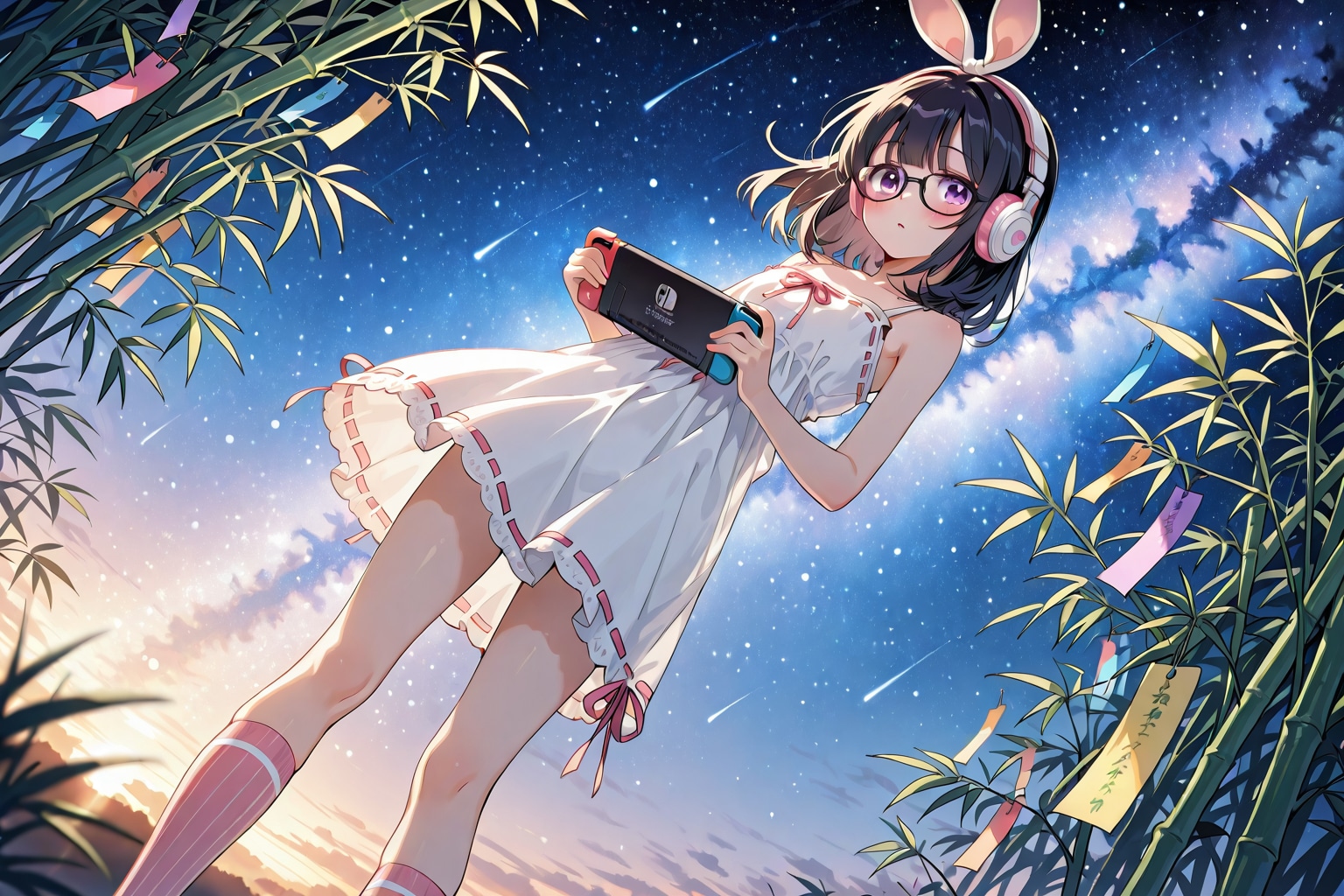 七夕飾りとゲーミング女児