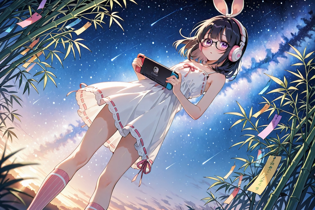 七夕飾りとゲーミング女児