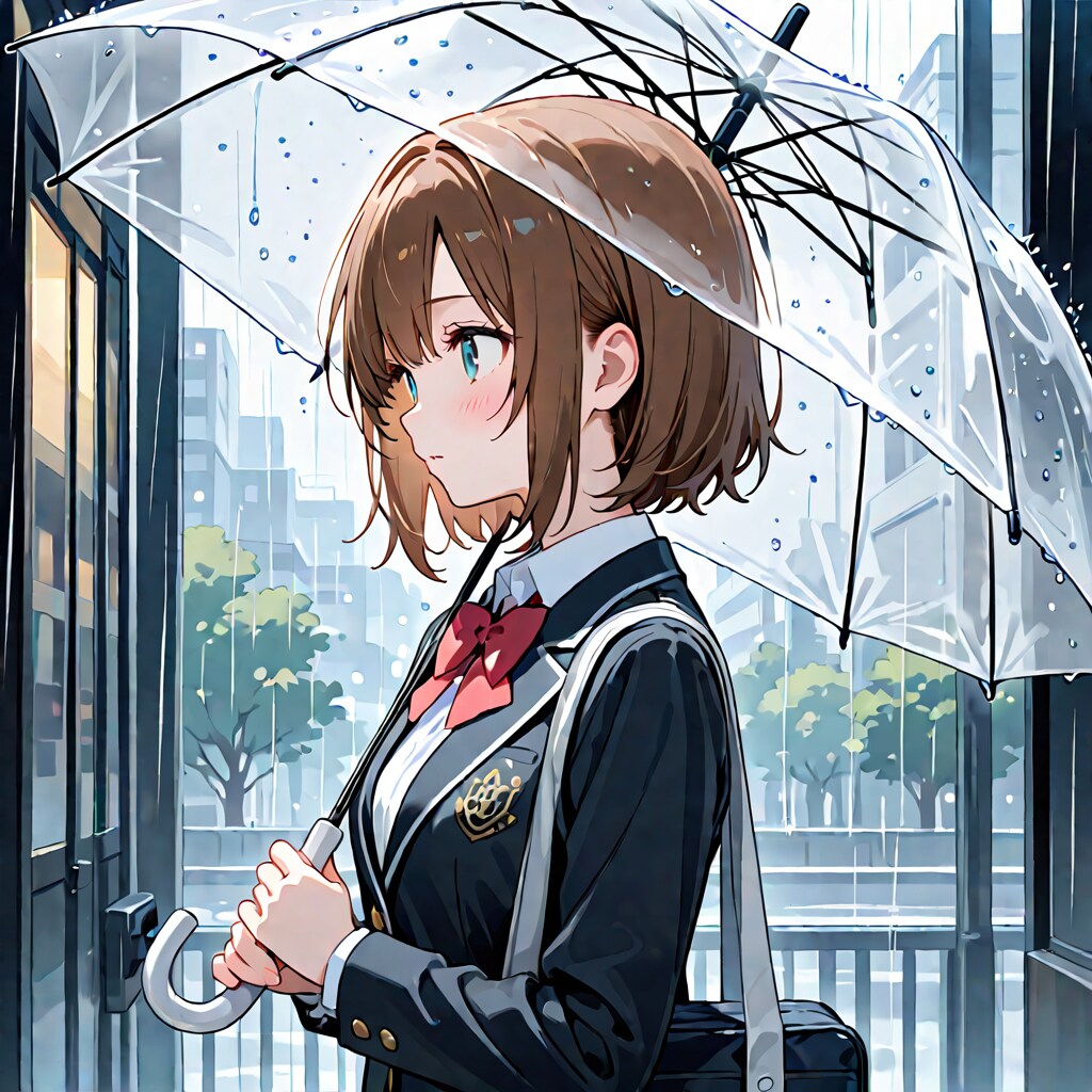 雨の中の登校中の女子高生