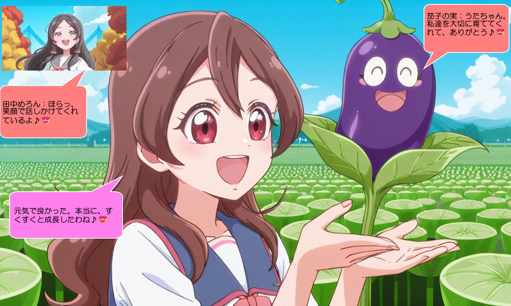 咲良うた、茄子の実が沢山出来ているのを見て喜ぶ