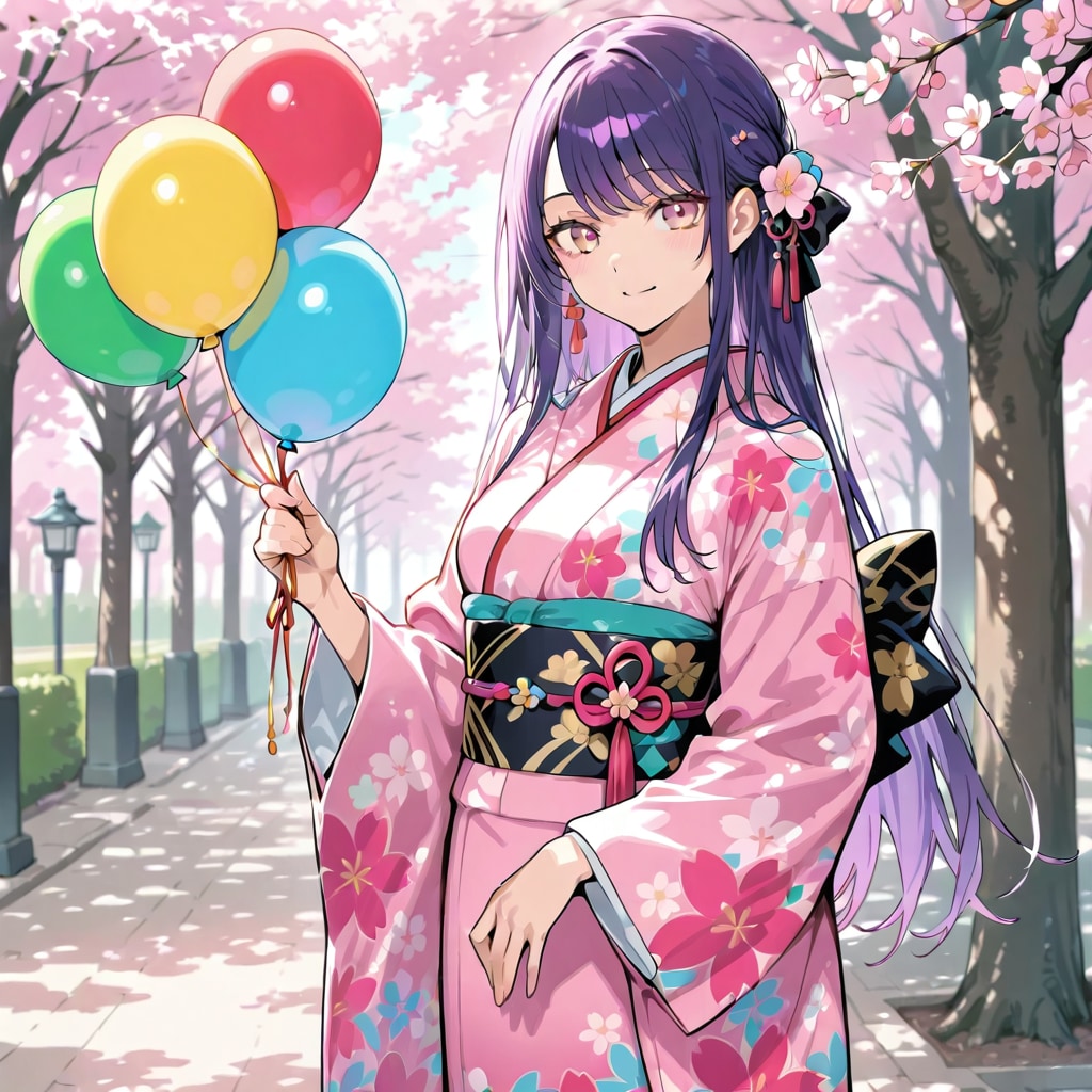 桜咲く公園でいっぱい色とりどりの風船を持つ紫髪ロングの花柄の着物着た美女