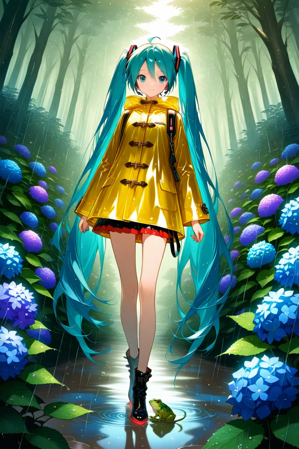 黄色いレインコートの少女と紫陽花