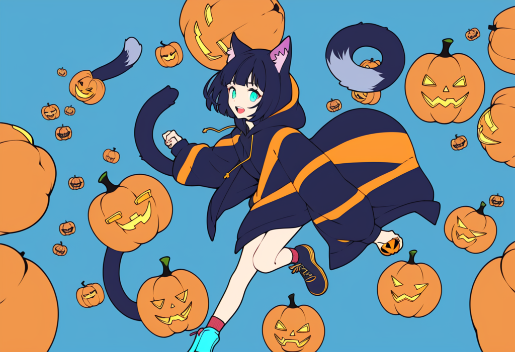 黒猫ガールとかぼちゃ