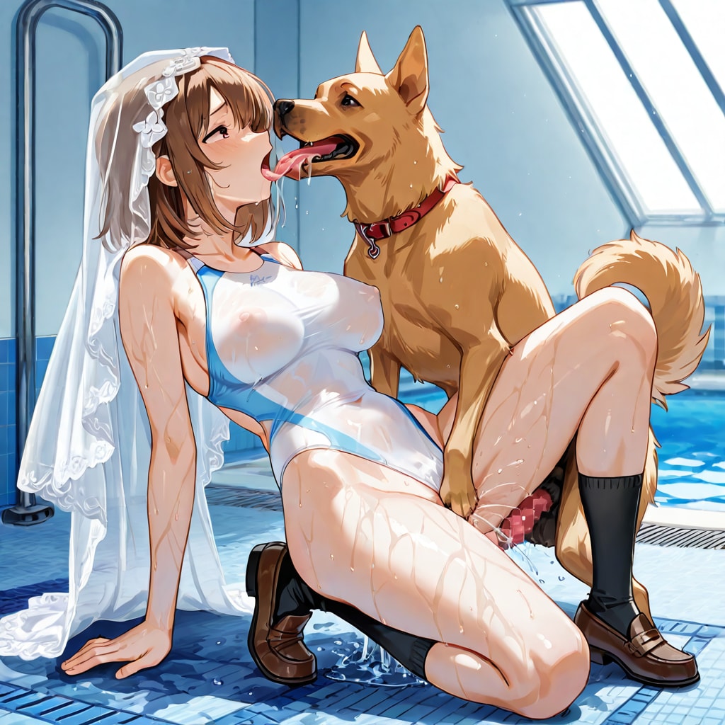 プールで犬と交わる競泳水着の少女