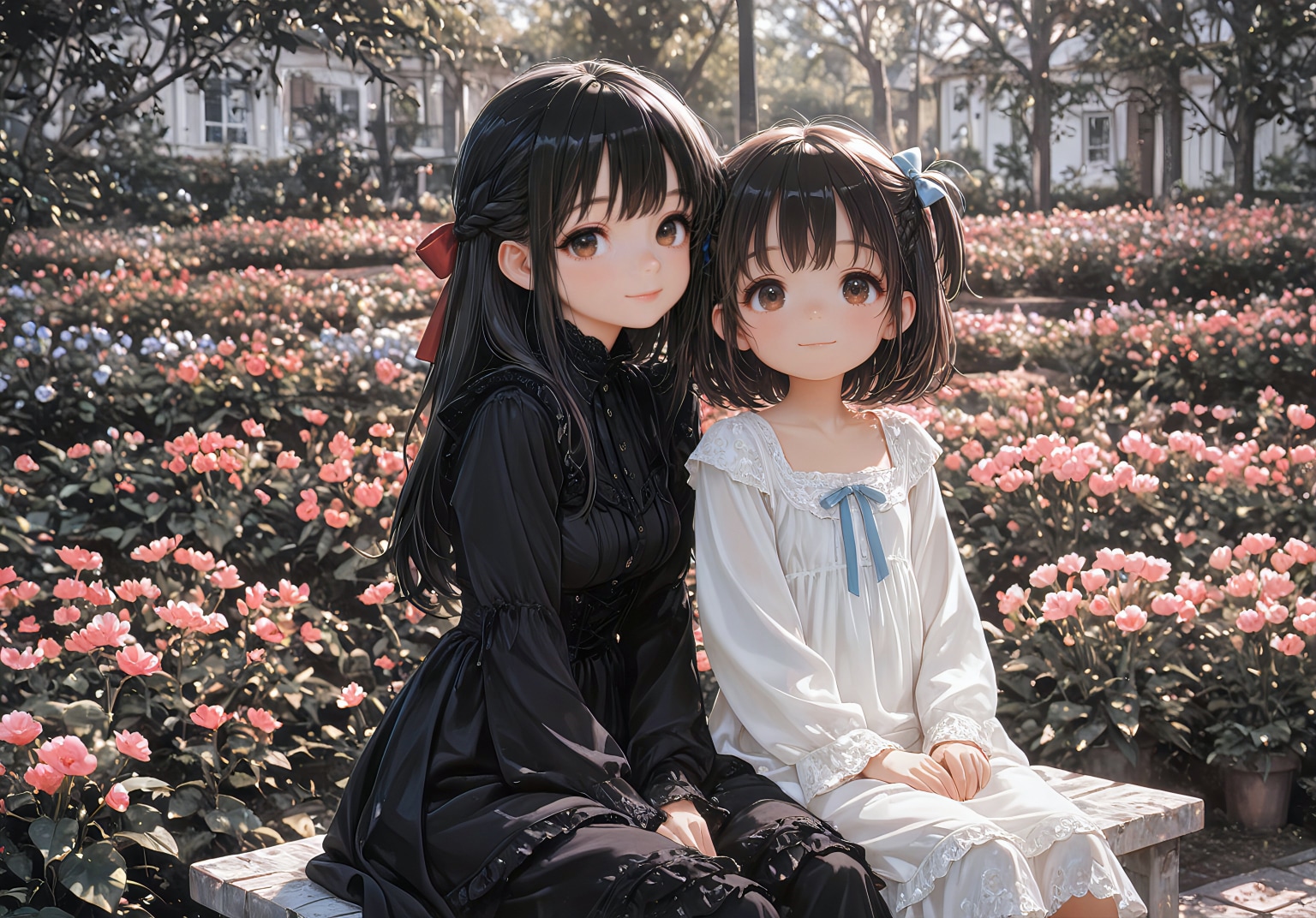 花園で寄り添う姉妹
