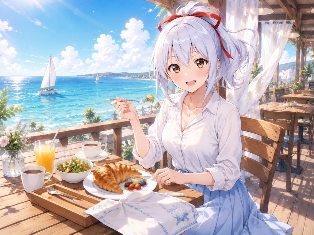 リゾートの朝食　エル「うまっ！」
