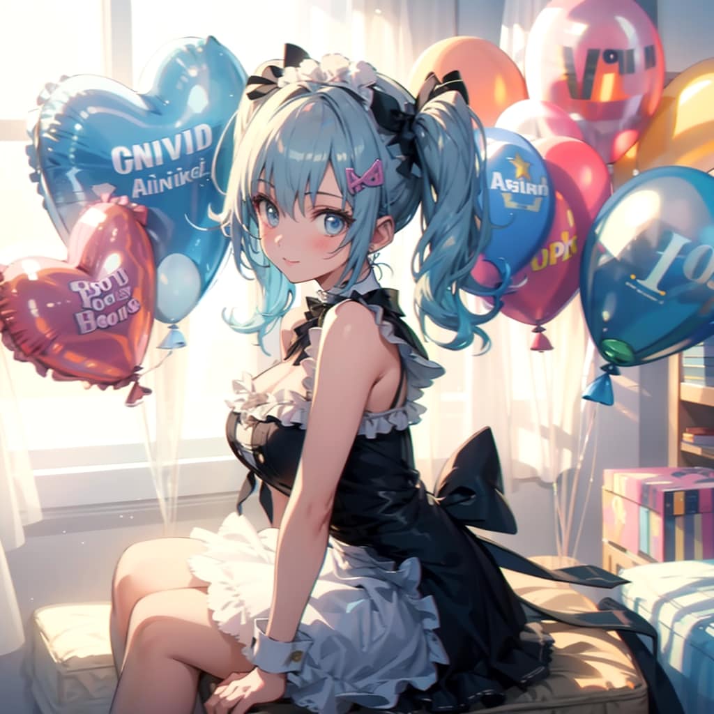 いっぱい色とりどりの風船を持つ水色髪ツインテールのメイド服着た美少女