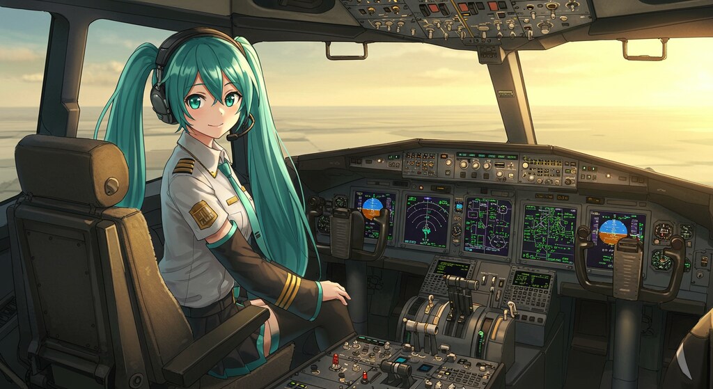 初音ミクと飛行機の操縦席